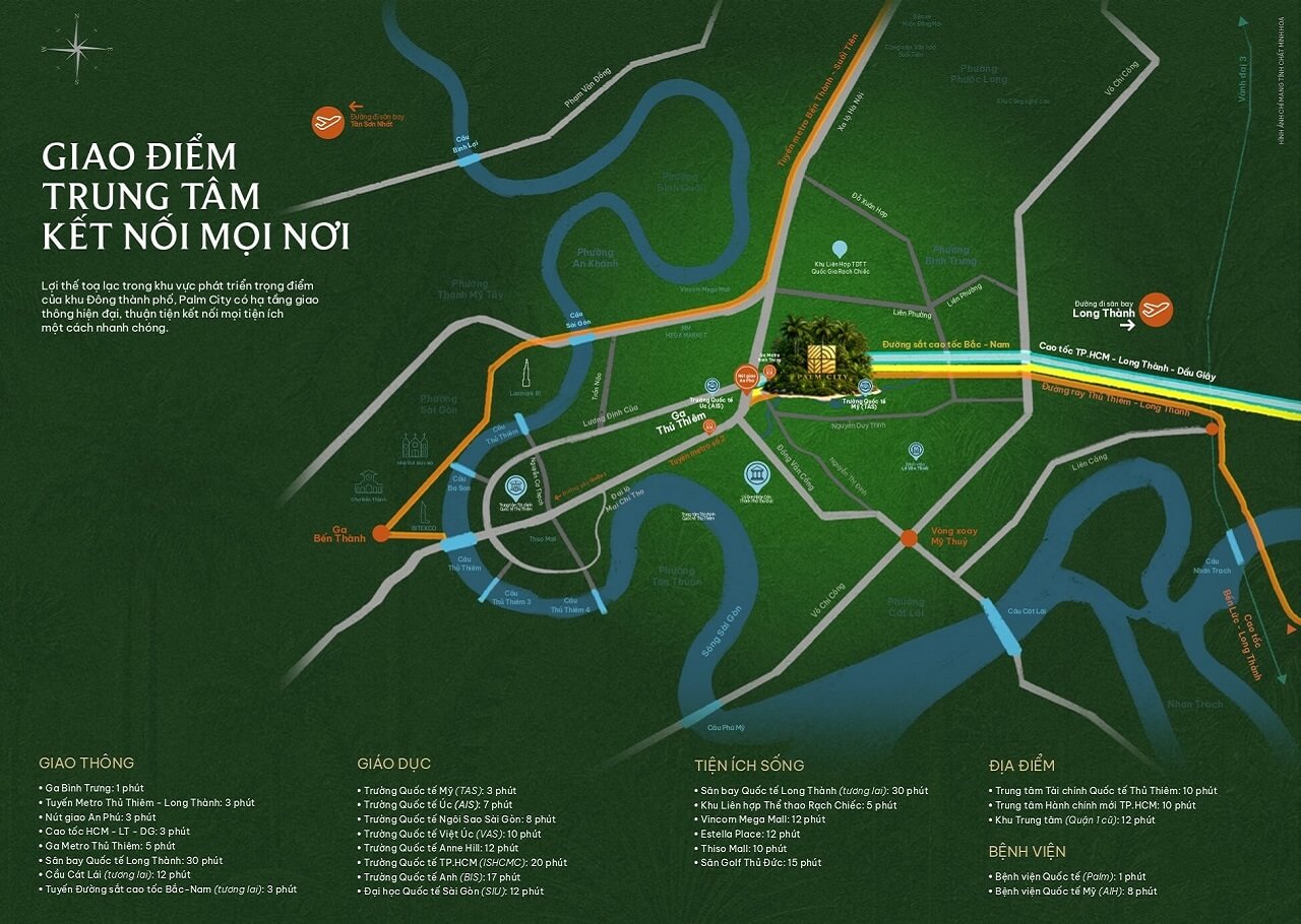 Sơ đồ vị trí khu đô thị Palm City kết nối với các tuyến giao thông huyết mạch