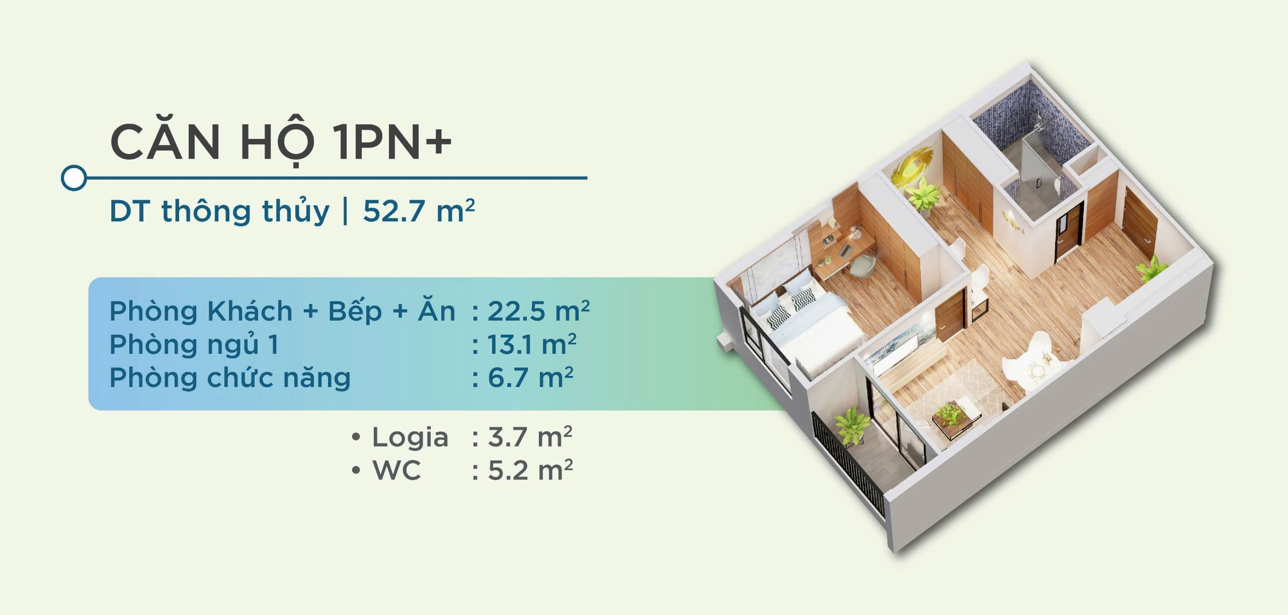 Thiết kế 3D căn hộ 1PN Yên Bình Complex