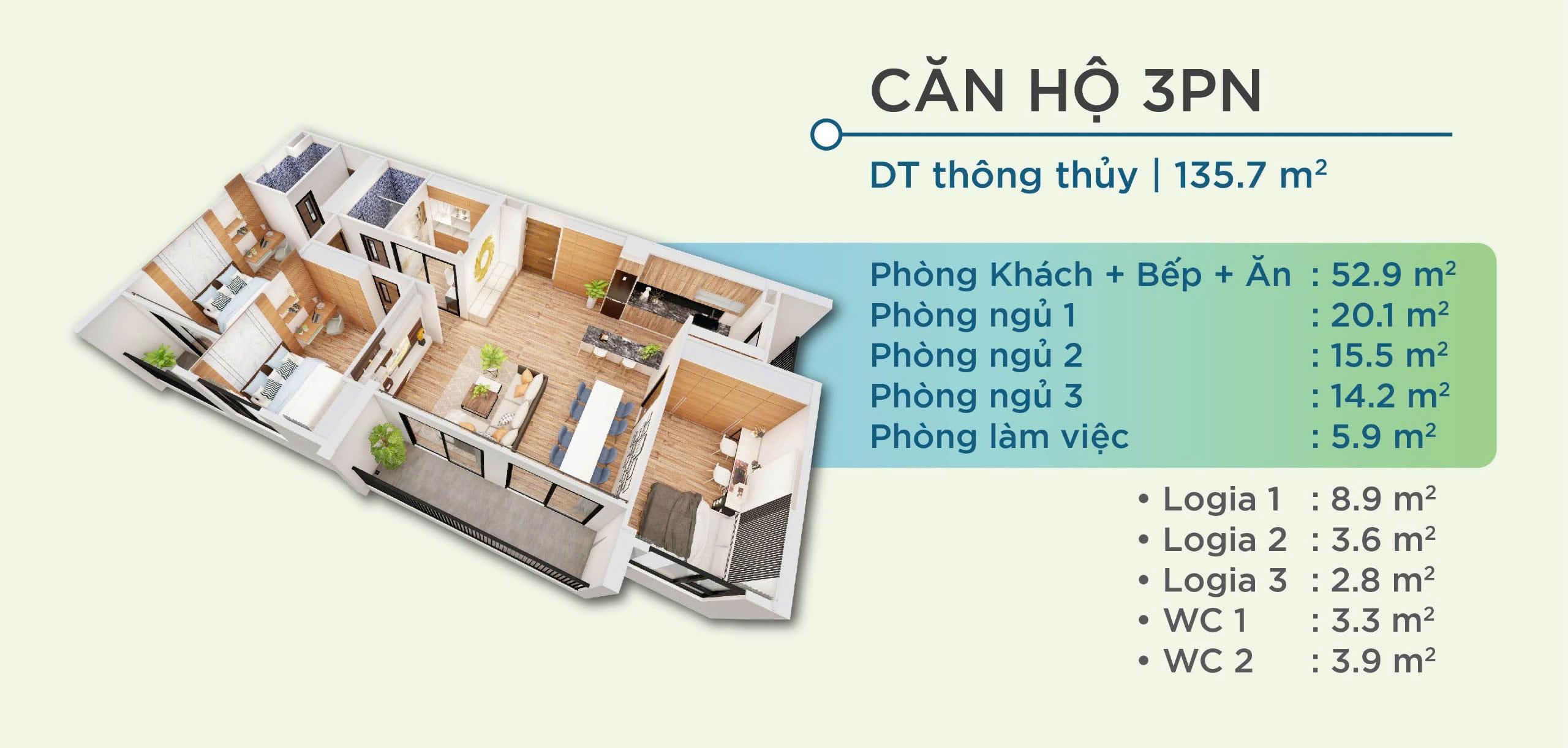 Thiết kế 3D căn hộ 3PN Yên Bình Complex