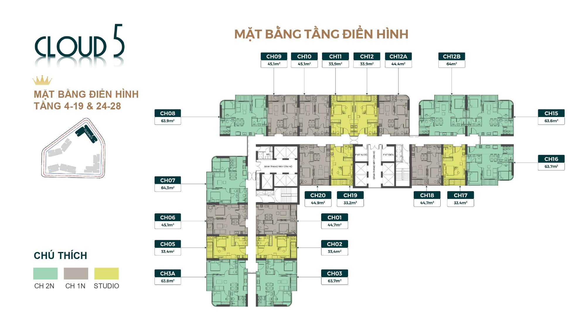 Mặt bằng tầng 4-19 và 24-28 tòa Cloud 5 Royal Mansion
